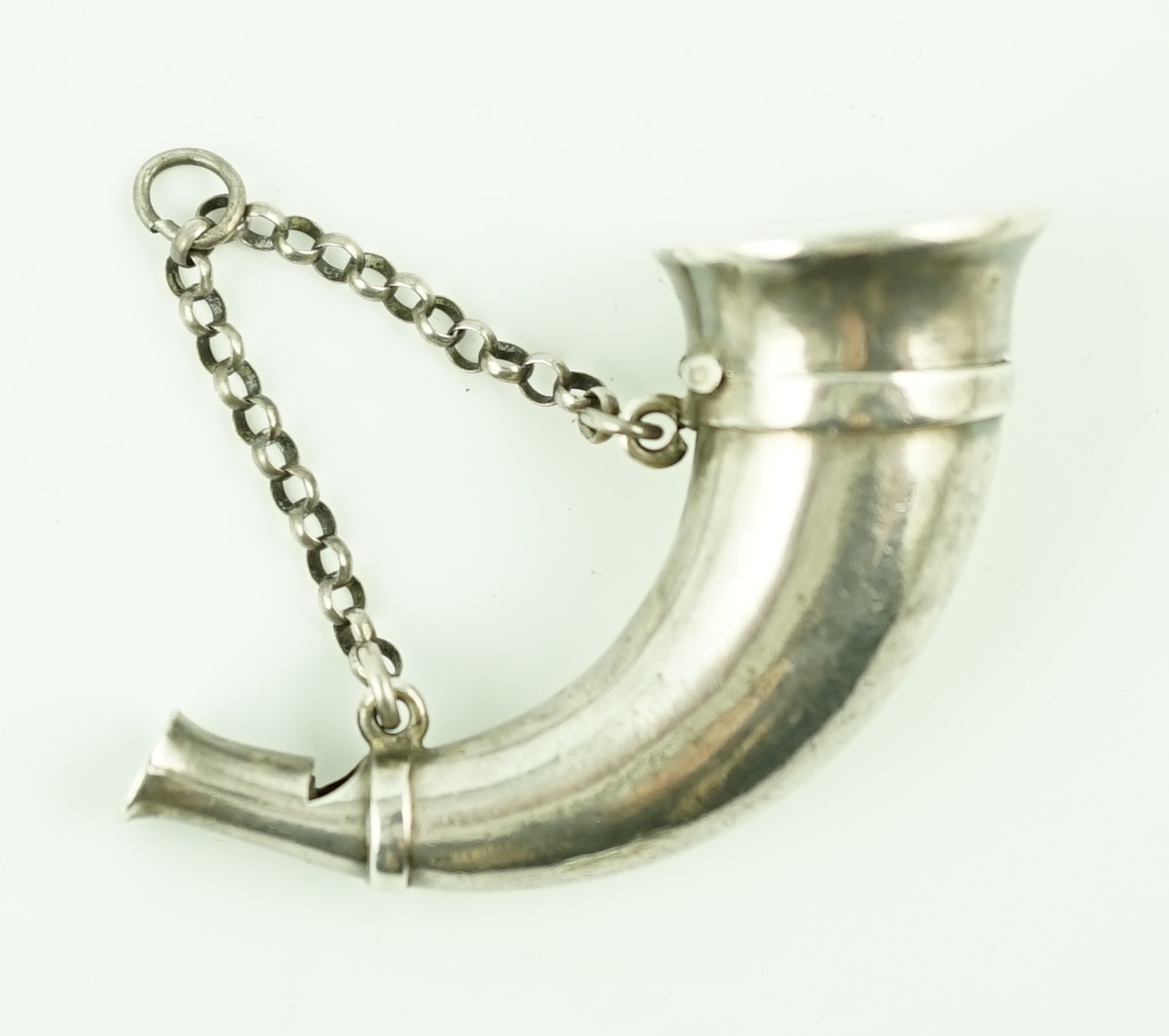 A late Victorian silver combination horn shape vinaigrette and whistle, by Sampson Mordan & Co.